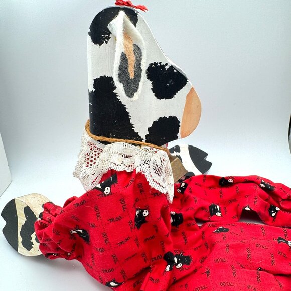 Handmade Wooden Cow Doll Red Outfit Lace Collar Bell 16"  Collectible - Picture 6 of 13
